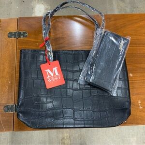 Montana West Black Croc Embossed Tote with Wallet